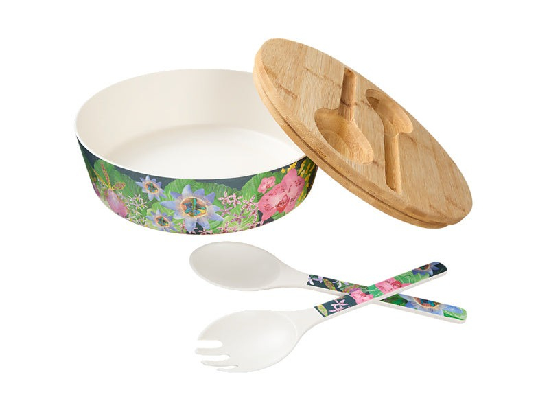 MW Tropical Twilight Melamine Bowl With Lid 25x9cm & Salad Servers