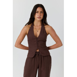 Fallon Womens Linen Halter Top - Chocolate